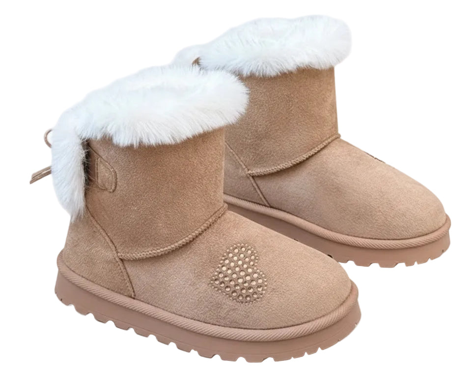 Girls' Winter Mid-Top Snow Boots with Rhinestone Heart & Bows