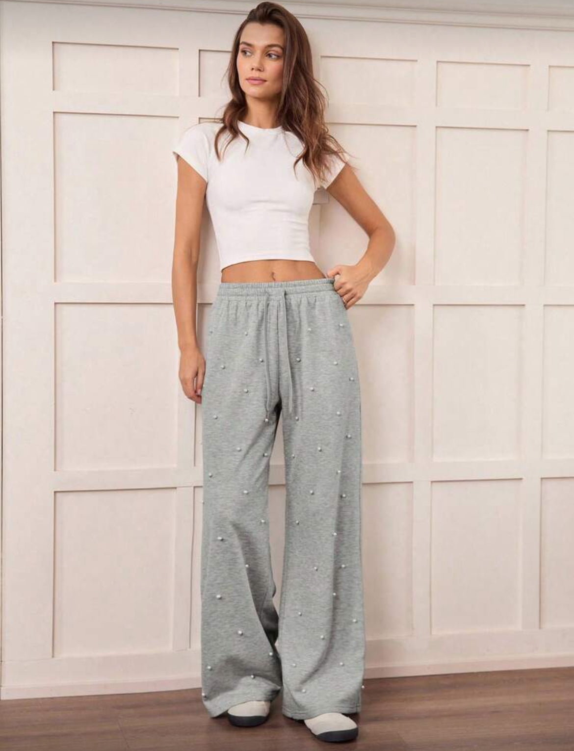 Rhinestone Embellished High Waist Drawstring Loose Fit Sweatpants