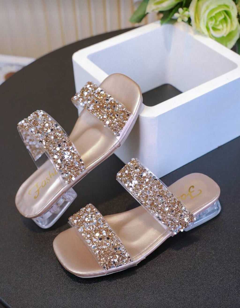 Girl Gold Glitter Fashion Thick Low Heel Wedge Sandals