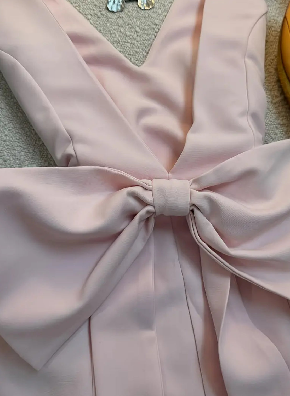 ‘PINK BOWS’  Elegant Flattering Belted Silhouette Deep V-Neck Mini Dress