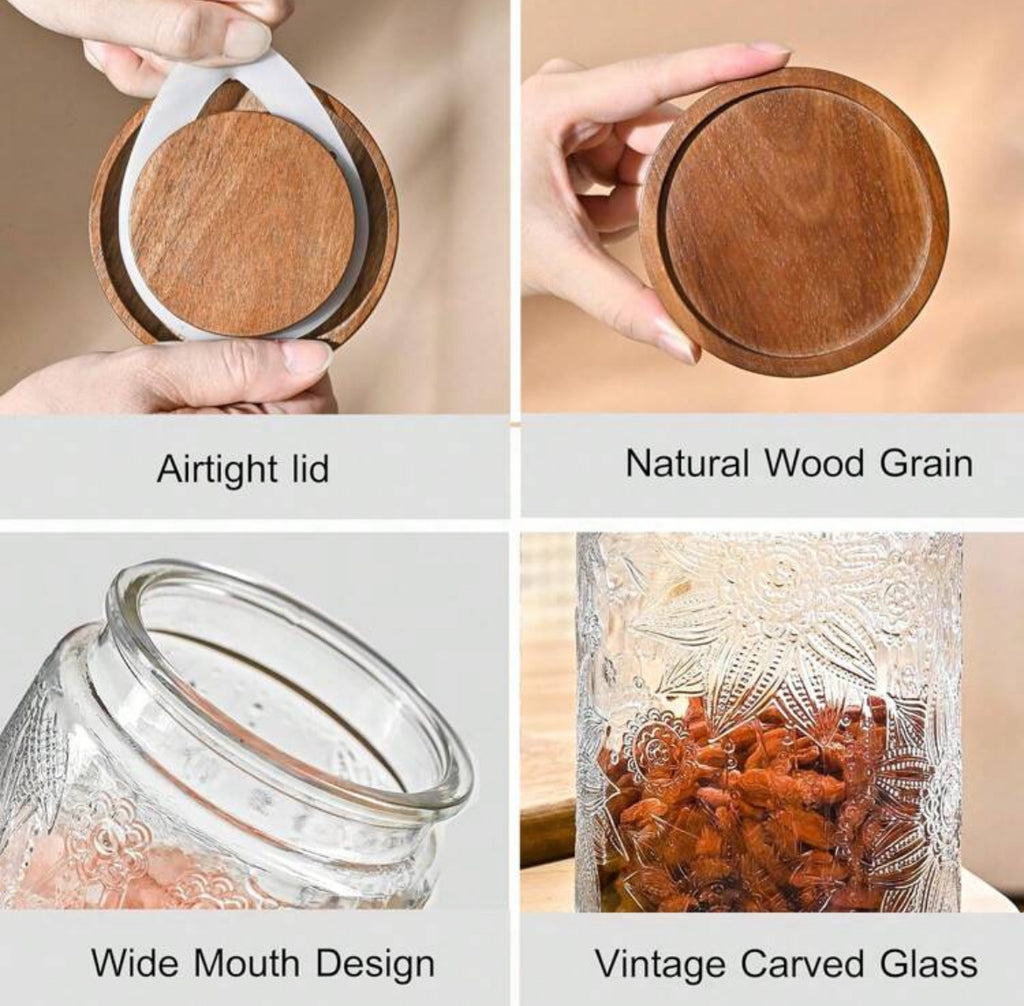 32oz Vintage Airtight Storage Jars Featuring a Vintage Carved Design With Lid, Glass Storage Containers  
