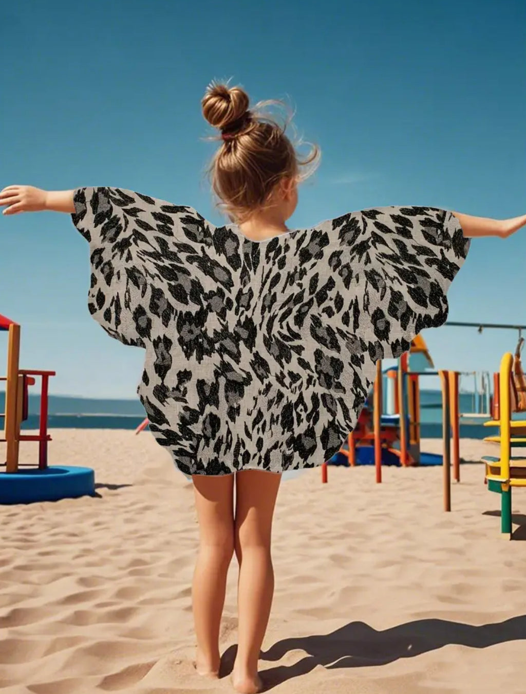 Girls Lightweight Leopard Print Beach Cover-Up Dress with Batwing Sleeves