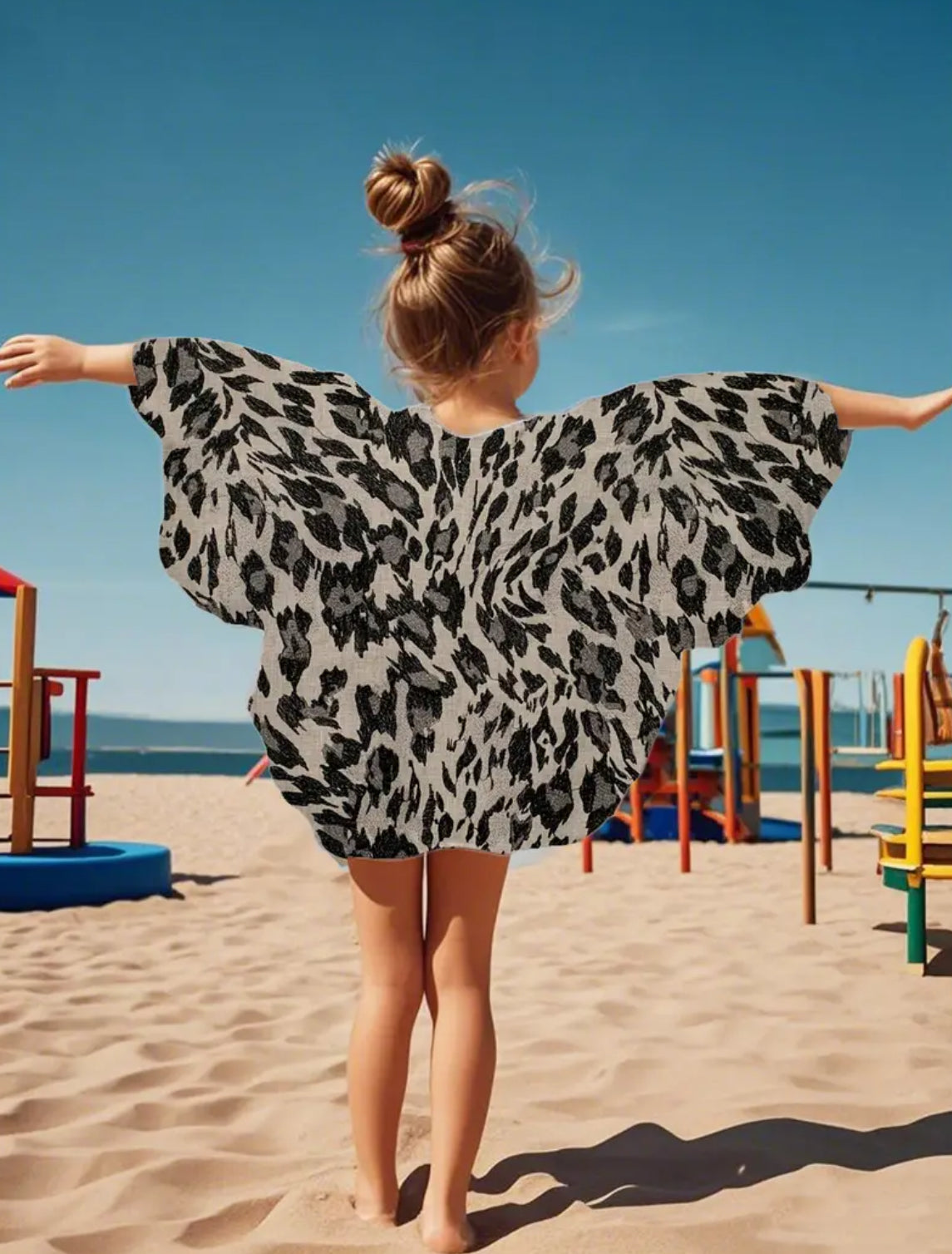 Girls Lightweight Leopard Print Beach Cover-Up Dress with Batwing Sleeves