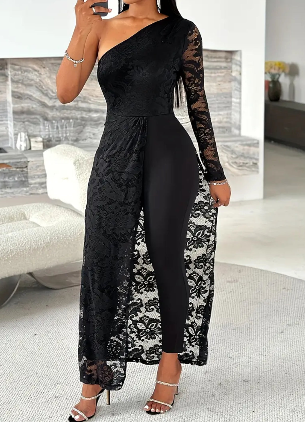 Black Solid Color Jumpsuit With Lace One Shoulder Off Detail