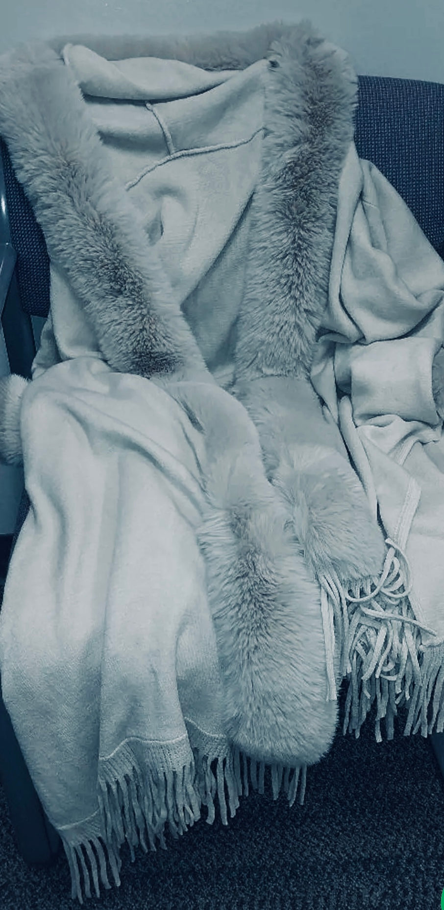 Chic Hooded Cape Coat - Long Sleeve V-Neck with Fringe Trim