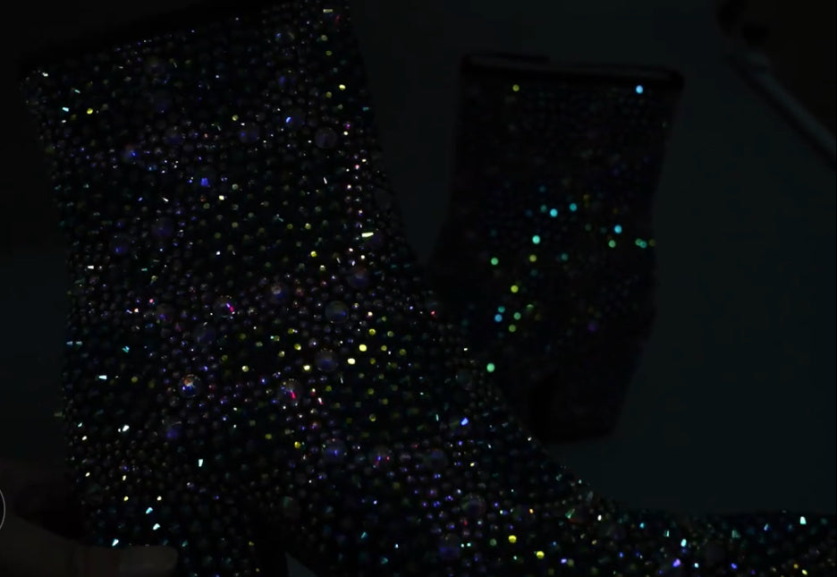 Magic Blue Crystal Diamonds Encrusted Women's Mid-calf Boots, Side Zipper 