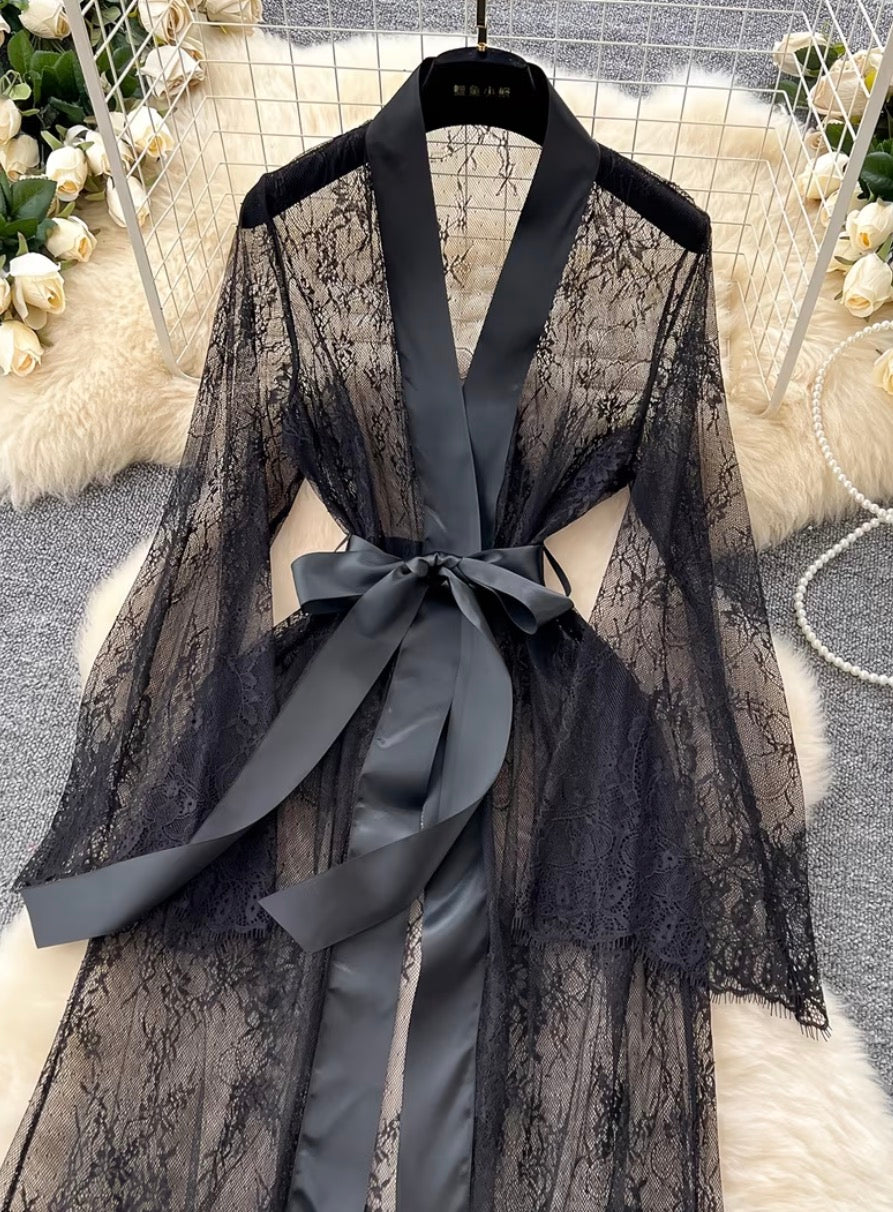 Elegant Floor- Length Sheer Lace Floral Robe