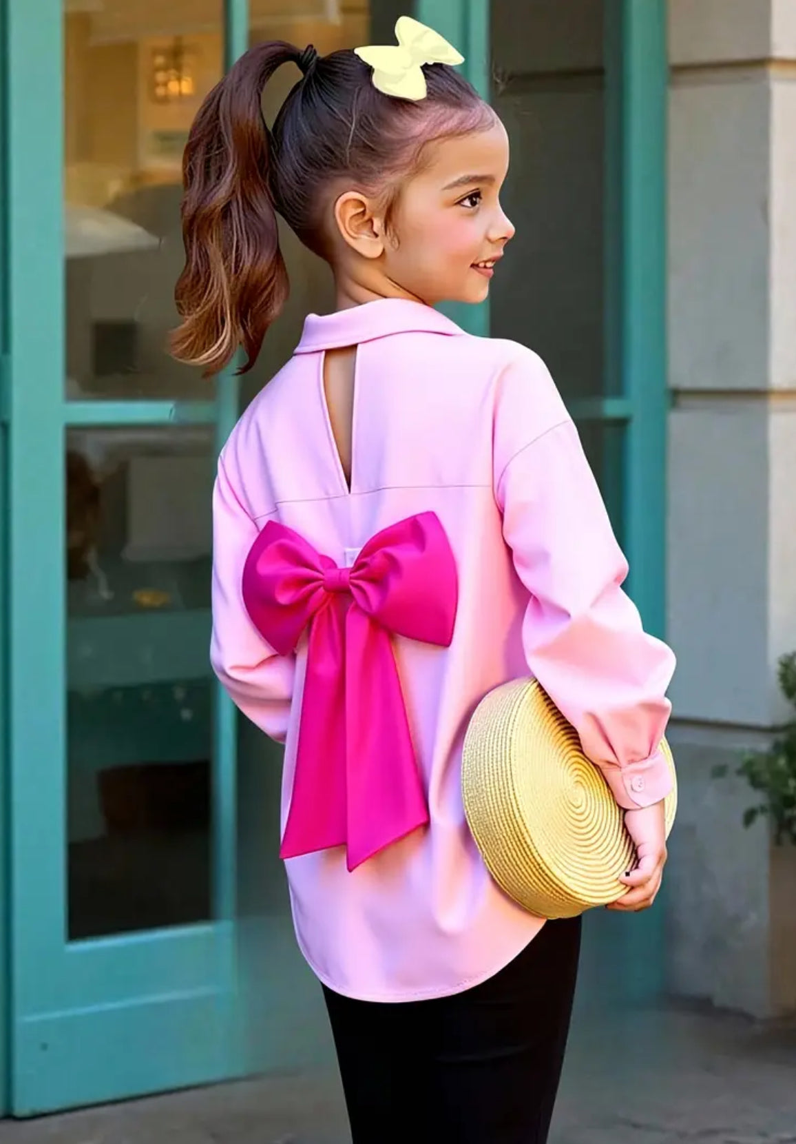 Girls' Long Sleeve Blouse with Hollow-Out Back & Decorative Bow 