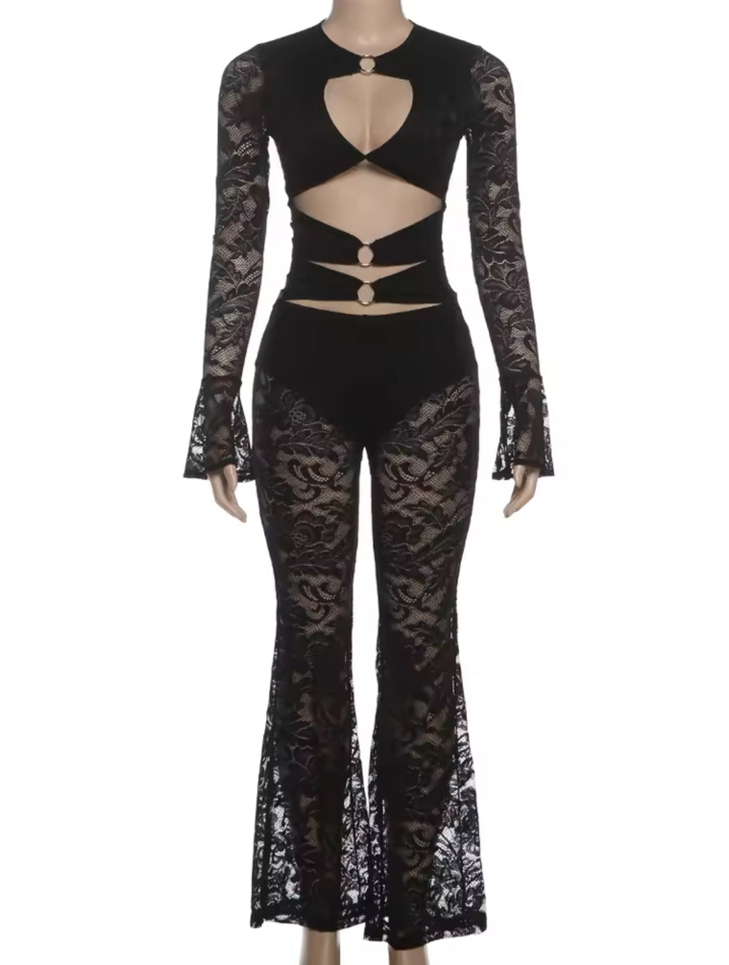Jacquard Women’s Elegant Sexy Hollow Ring Crop Tops+Flare Pants