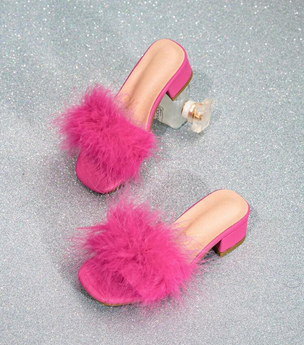 Girls Fluffy Fashion Sandals Elegant And Fashionable Chunky Heel Sandals