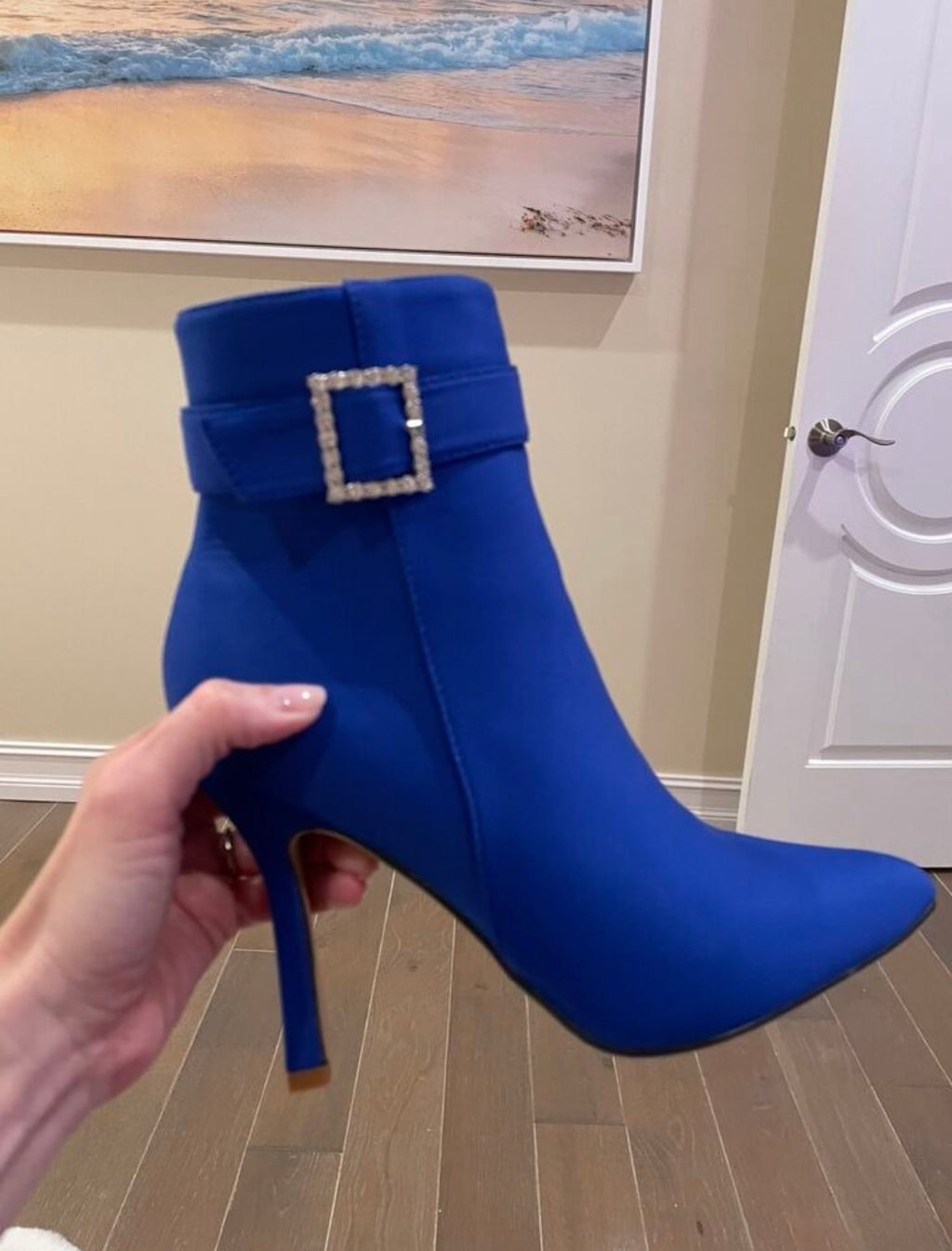 “Rhinestone Buckle” Ankle Suede Boots Pointed Toe & Slim High Heel