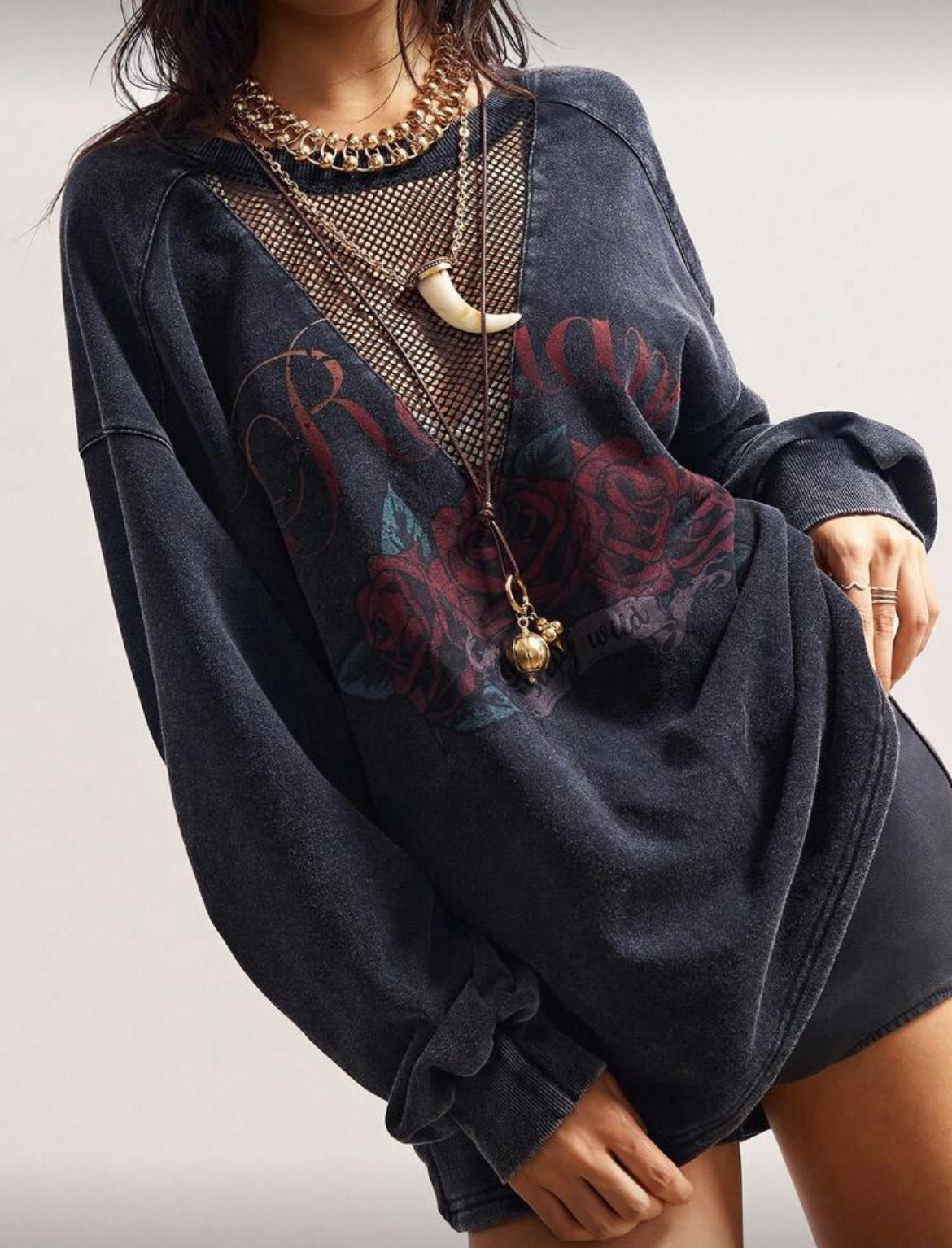 “Grunge” Mesh Crew Neck Washed Black Sweatshirt