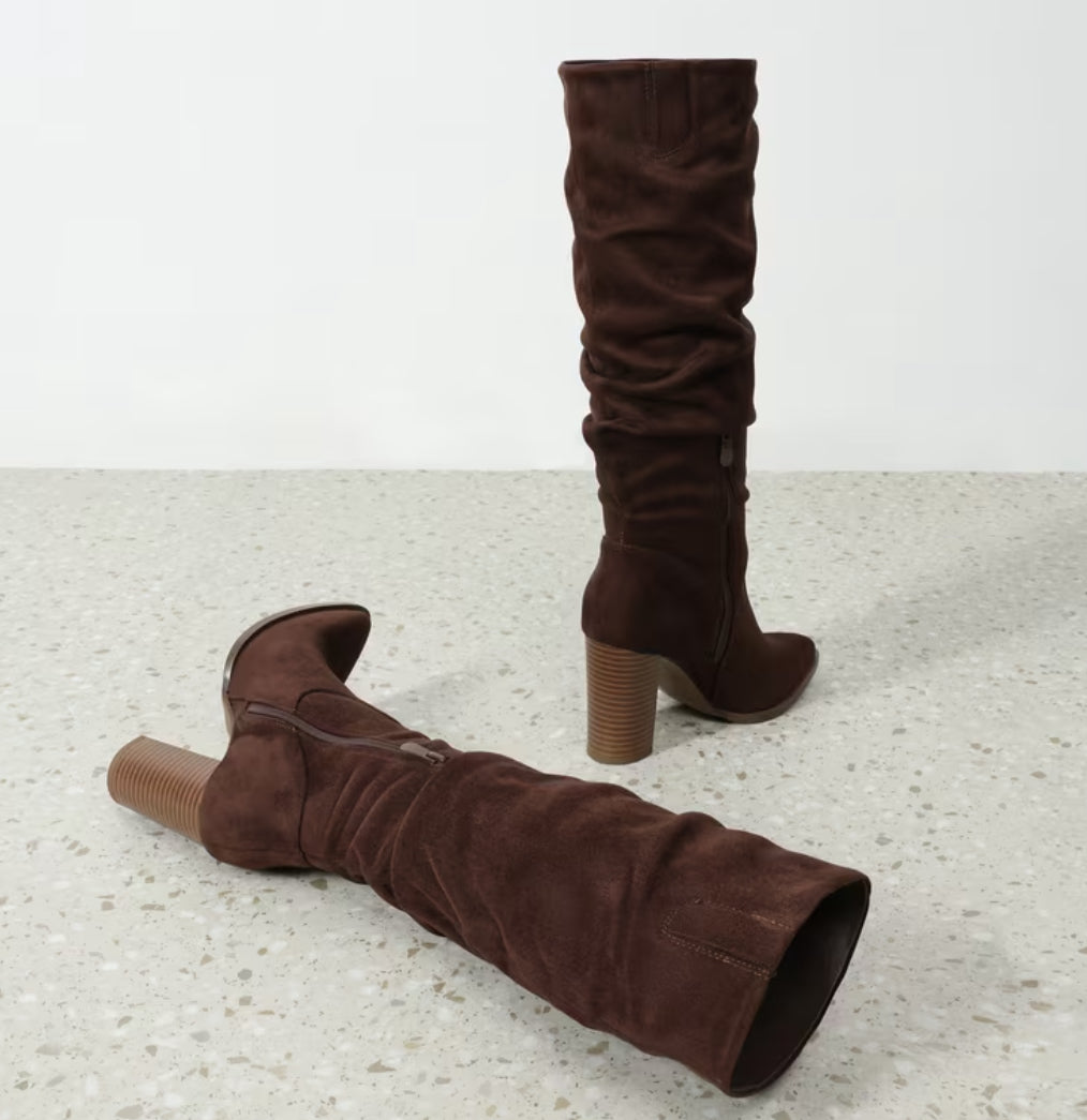 Suede Slouchy Knee-High Boots With a Chunky Block Heel Pointed Toe Side Zipper & Pull Accent