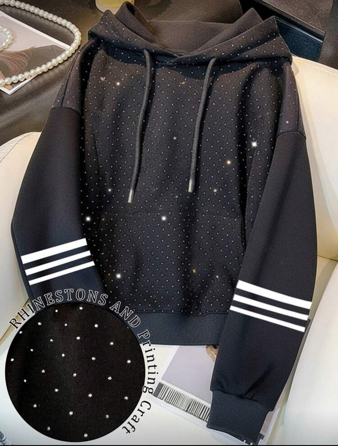 Rhinestone Studded Zip Up Hoodie Sweatshirt