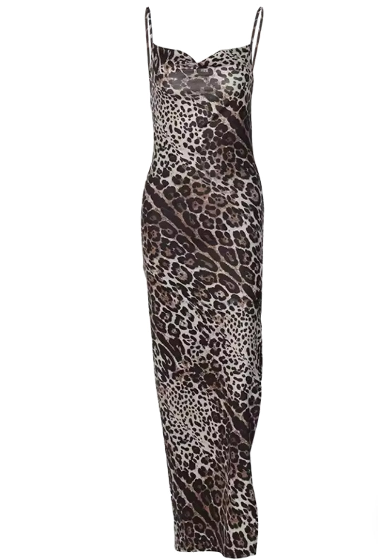 Cheetah / Leopard Print Swing Collar Sleeveless Sexy Maxi Slit Dress