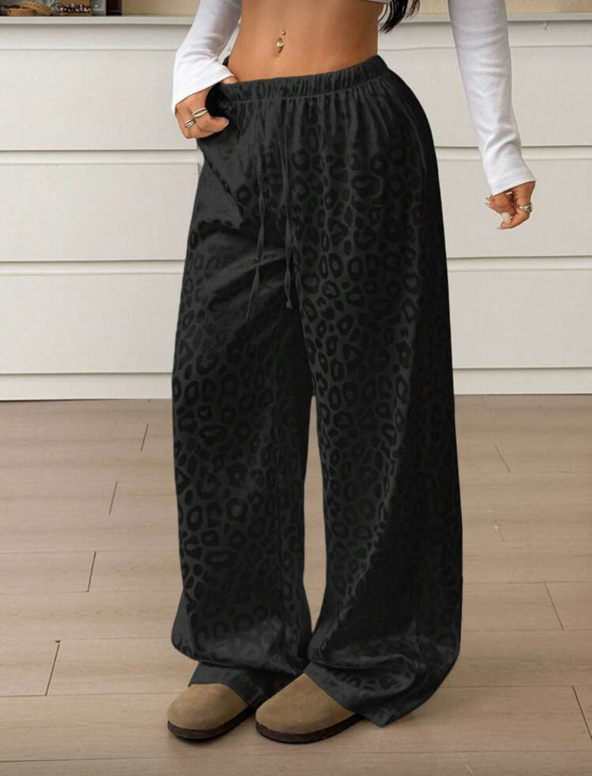 Leopard Print Pajama Pants Relaxed Wide-leg Fit, Drawstring Waist