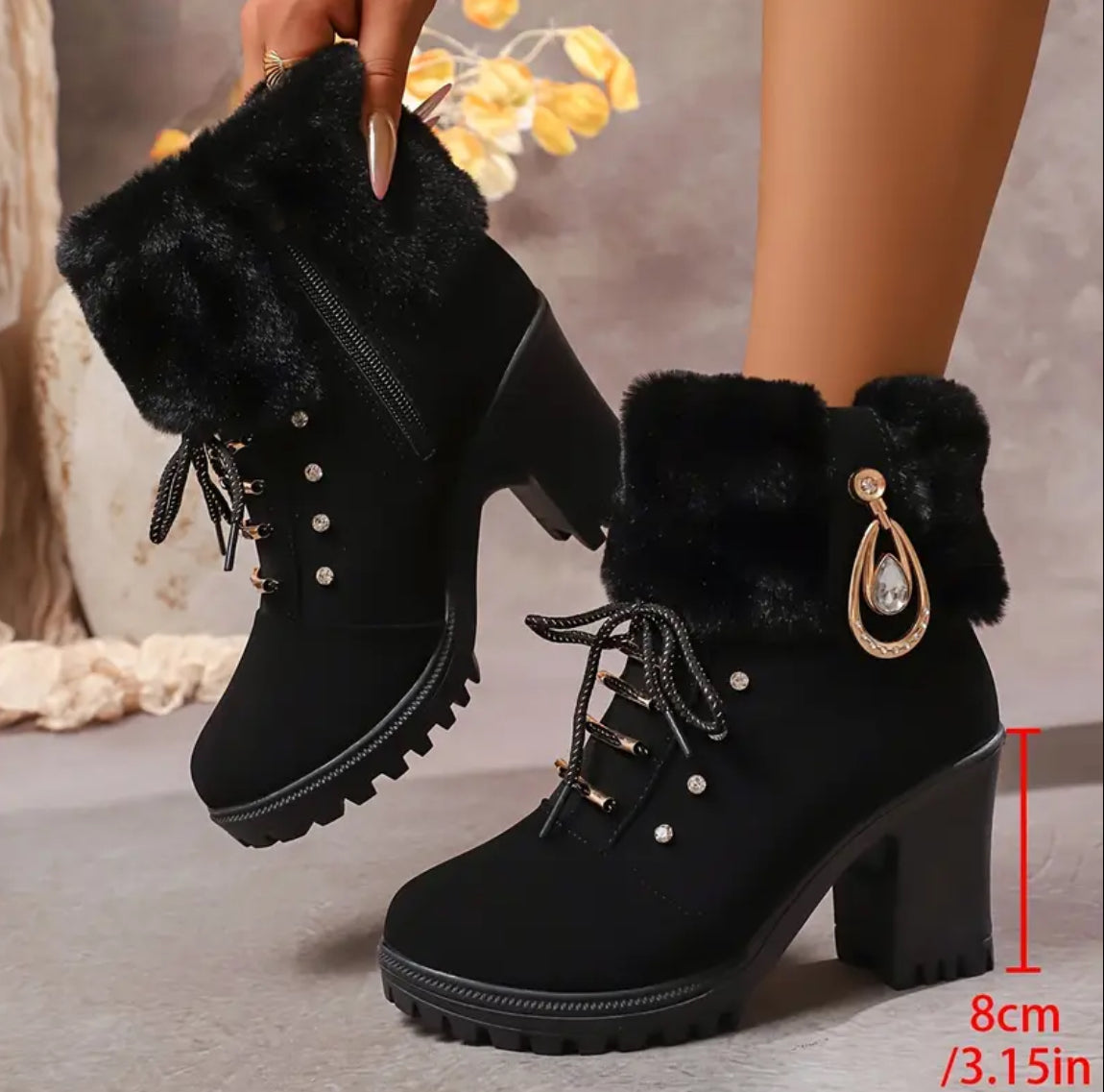 Teen Faux Fur-Leather Ankle boots Lace-up front, Side Zipper Closure & Rhinestone embellishment