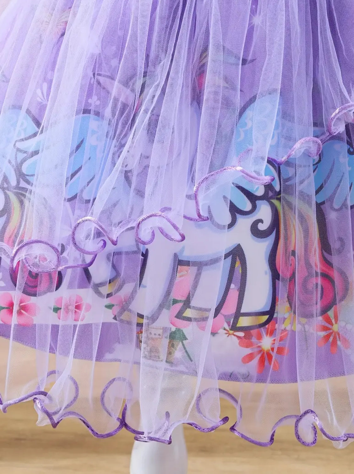 Girls Unicorm Dress Petal Sleeves, Mesh Detail, Knee-Length with Bow Accent 🦄