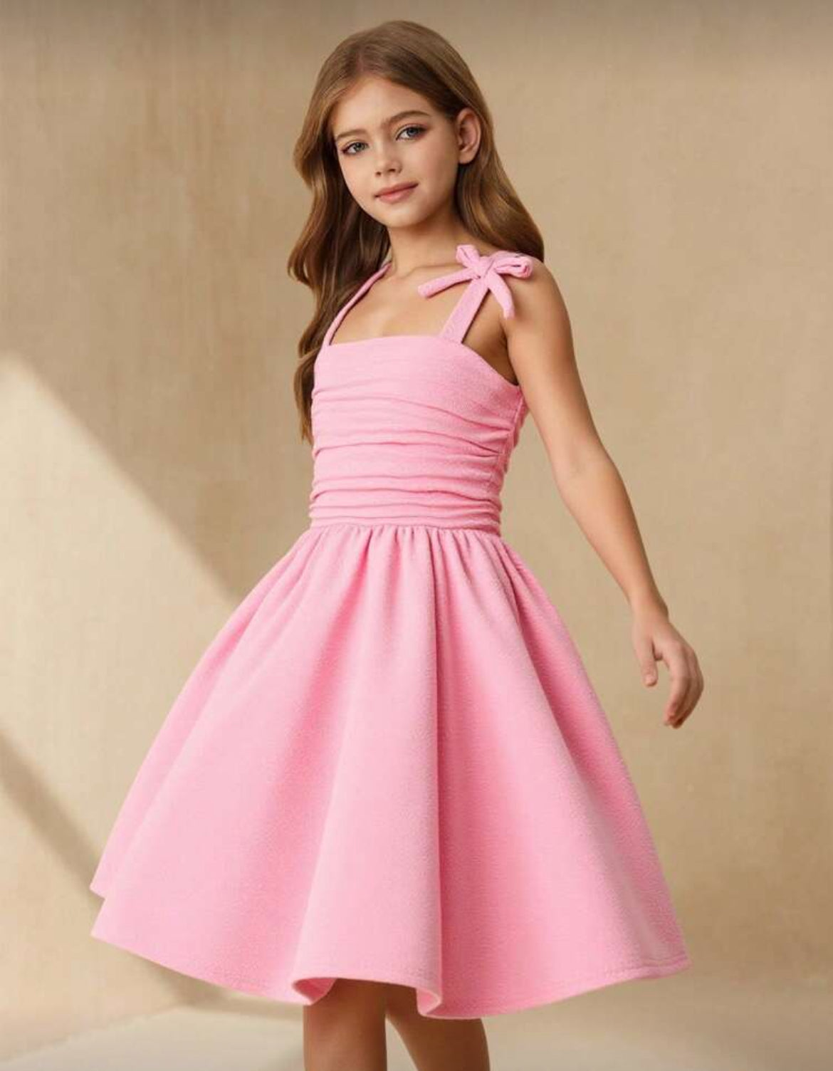Tween Girl Bow Strap Ruched Fashionable Dress