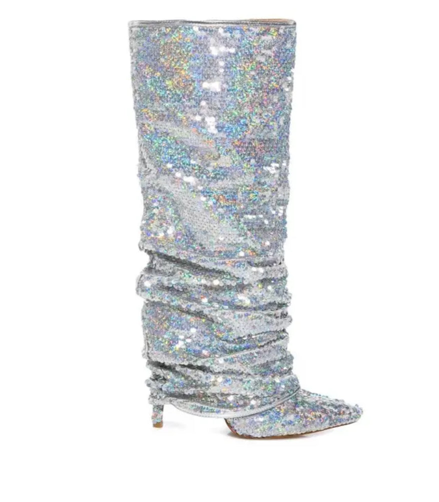 “Diva Sparkle” Women's Knee High Pleated Heel Boots