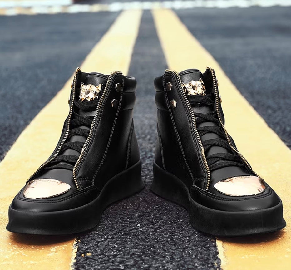Men's High-Top Sneakers Faux Zipper Cover Upper Golden-Tone Hardware Streetwear 