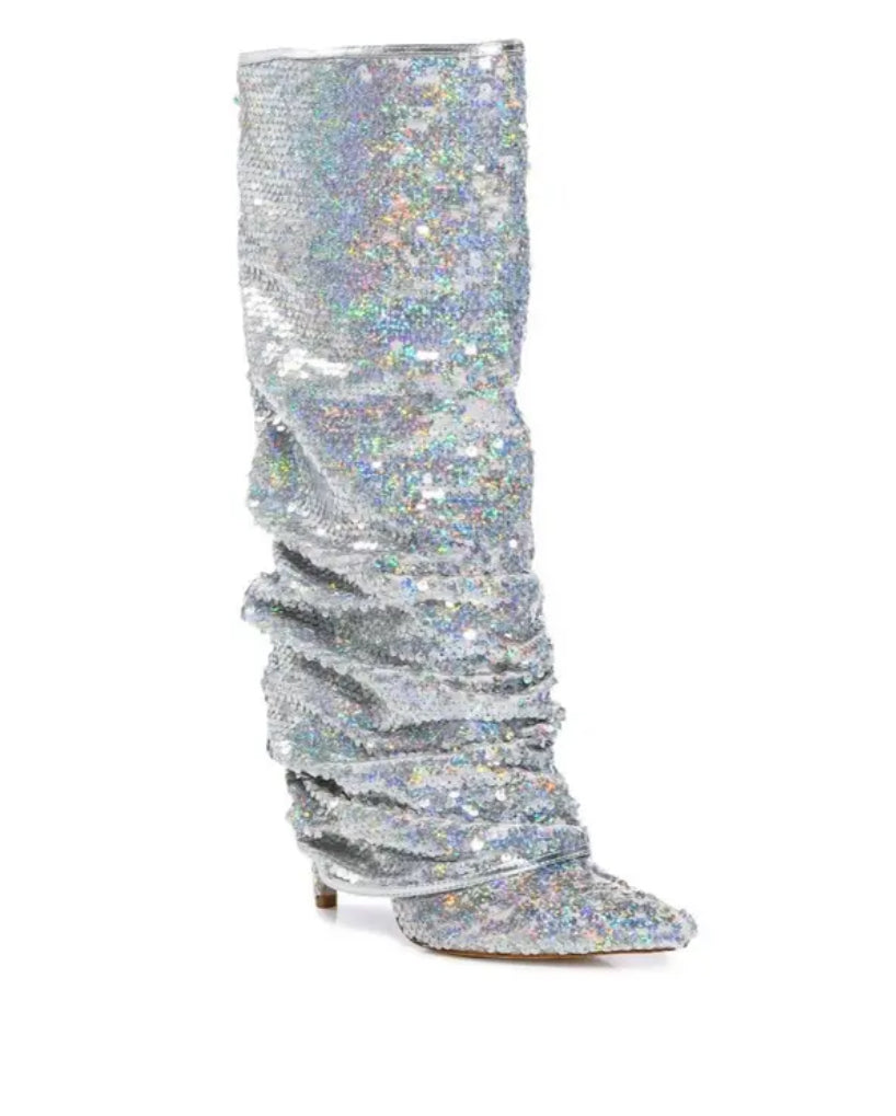 “Diva Sparkle” Women's Knee High Pleated Heel Boots