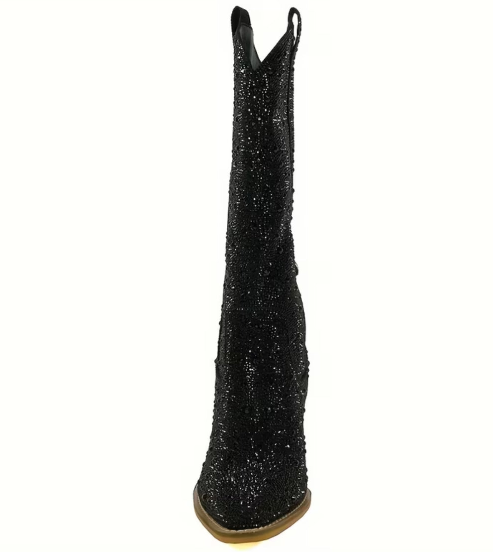 “Crystals” Pointed Toe, Mid-Calf Block/Stacked Heel Boots