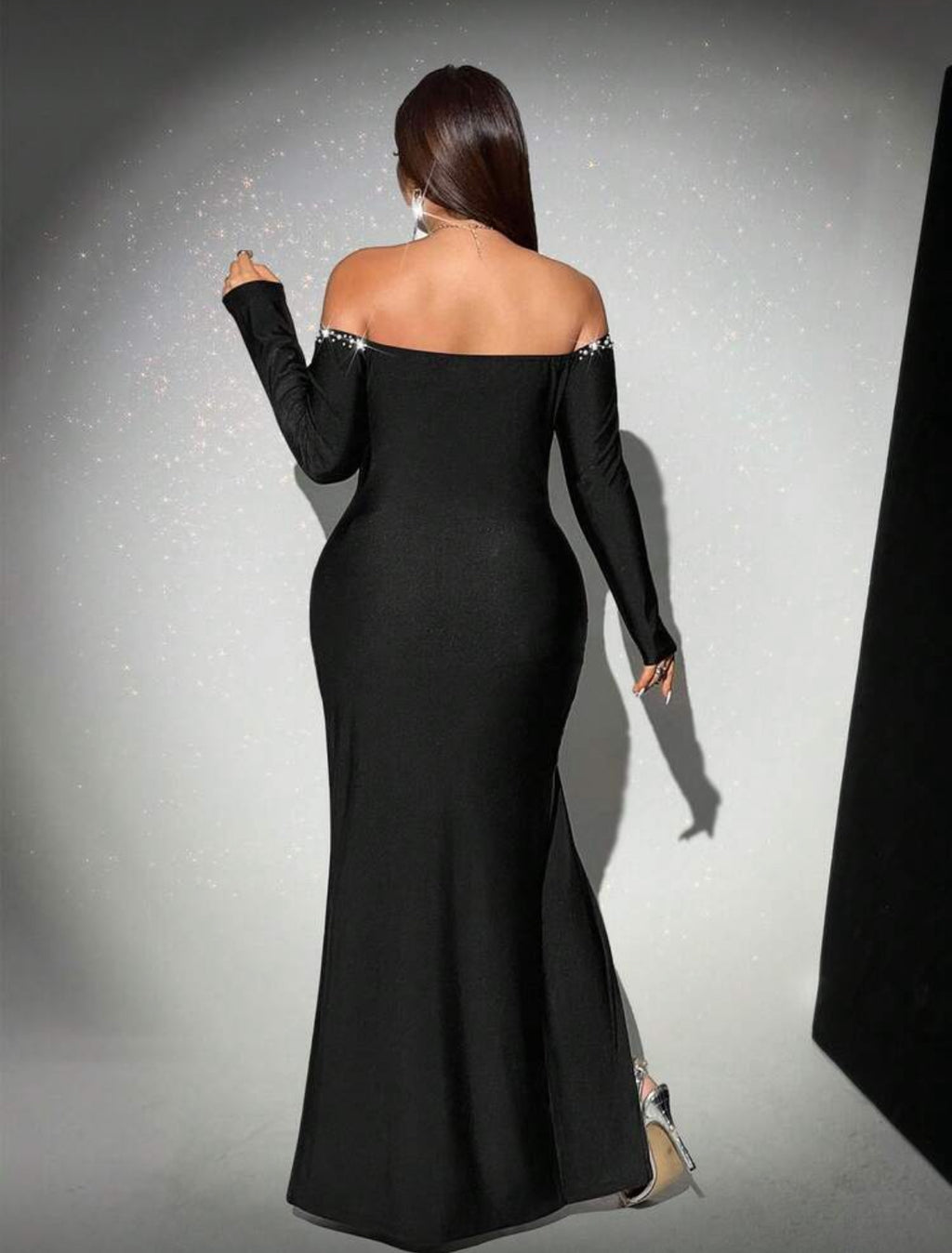 Elegant Plus Size Pearl Decor Off-Shoulder Long Sleeve Maxi Slit Dress