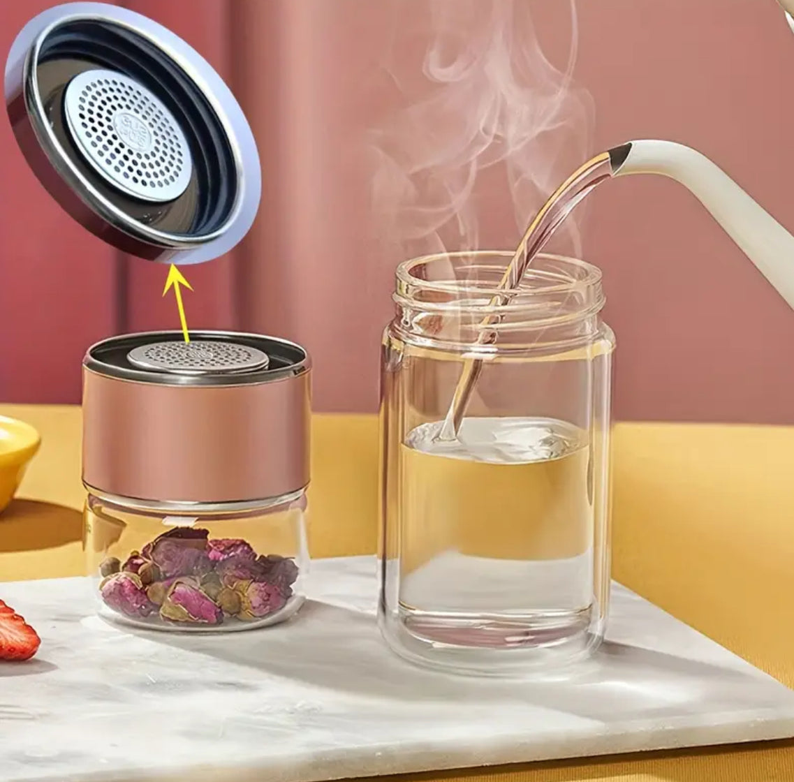 Double Walled Glass Tea Portable Bottle With Infuser |9.5 oz