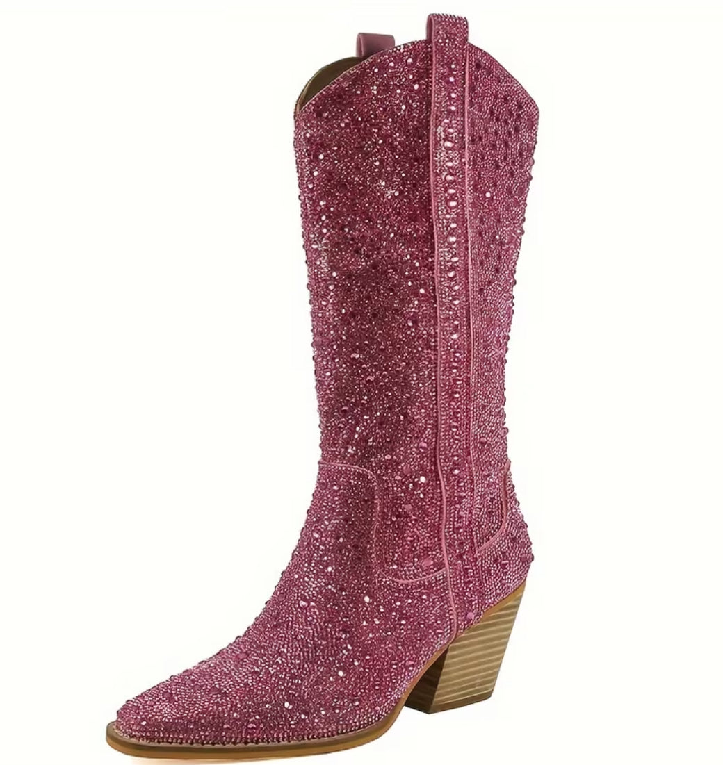 “Crystals” Pointed Toe, Mid-Calf Block/Stacked Heel Boots