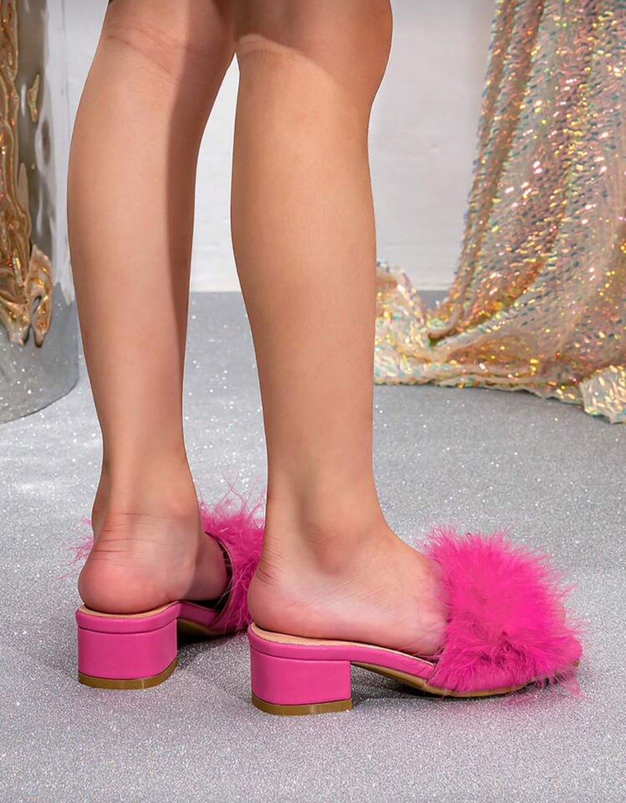 Girls Fluffy Fashion Sandals Elegant And Fashionable Chunky Heel Sandals