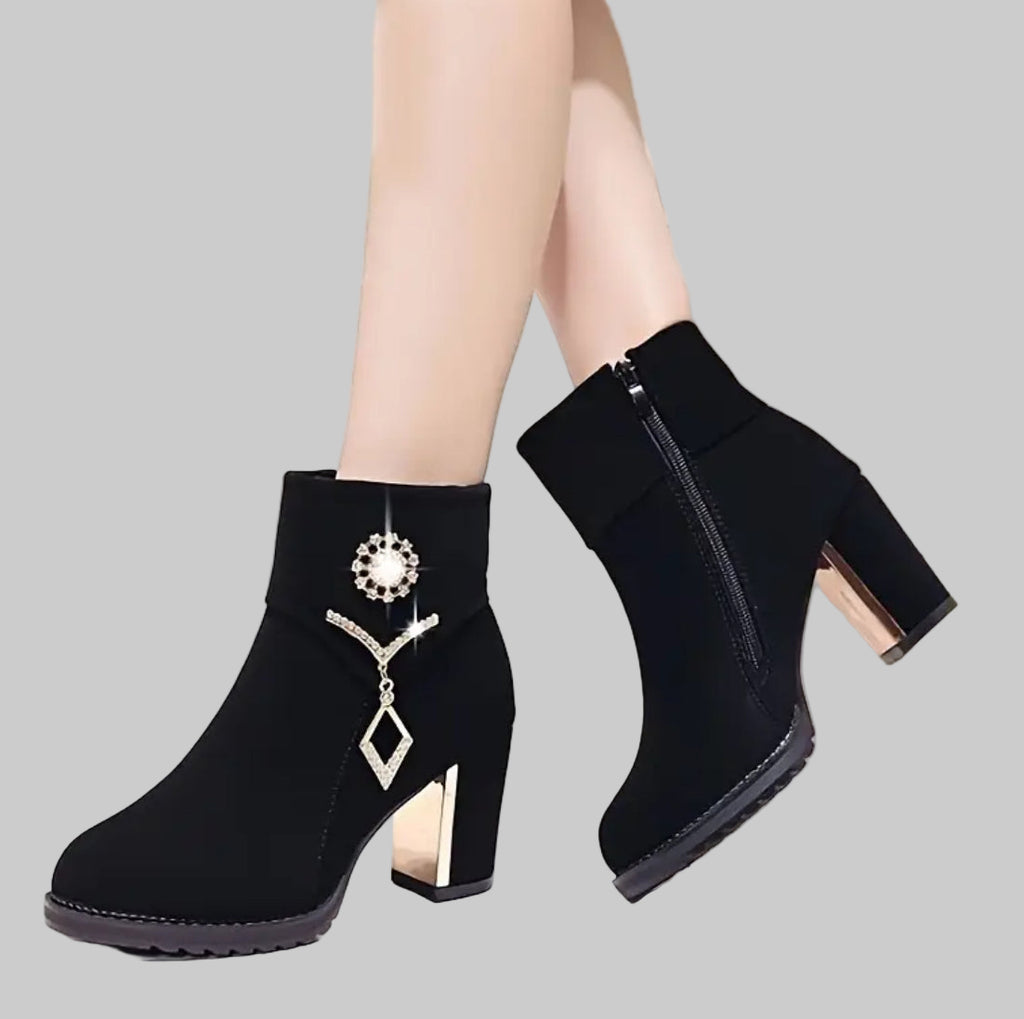 Women’s Round-Toe Chunky-Heeled Ankle Boots with Rhinestone  Pendants +Side Zipper Design