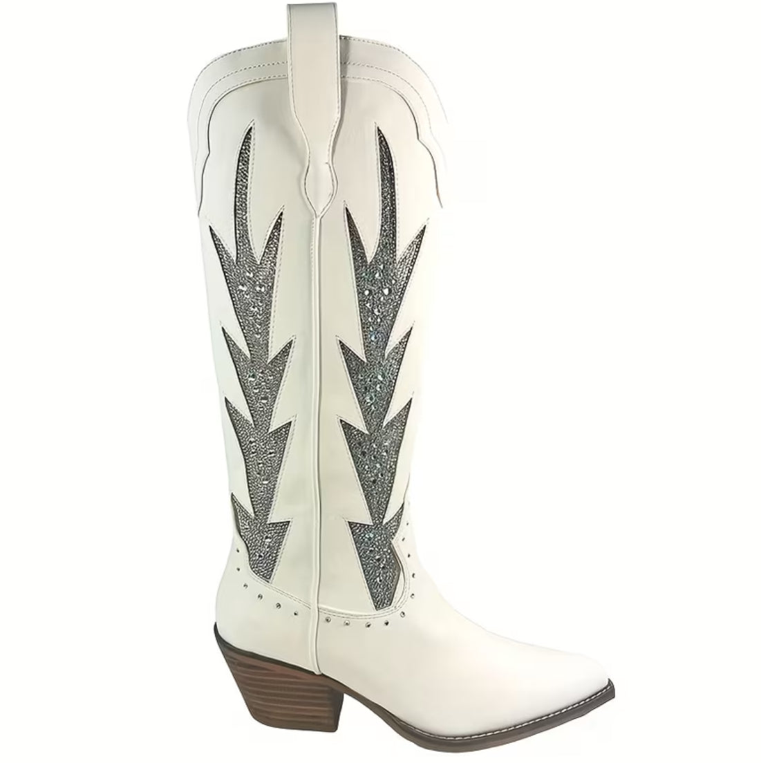 “Flames” Women's Western Cowboy Boots - Rhinestone Embellished Pointed Toe, Chunky Heel Pull-On Knee-High 
