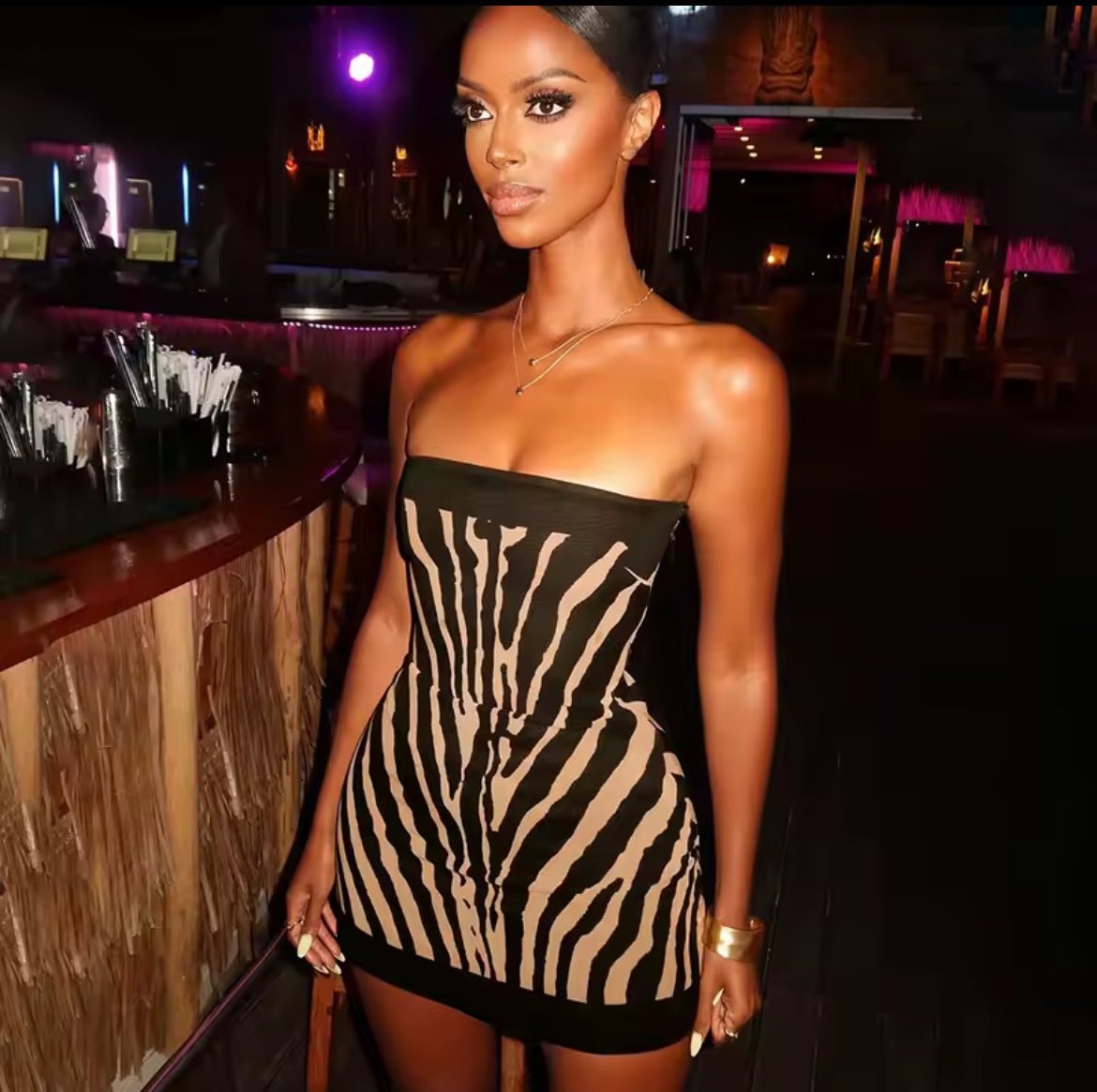 Mini Sexy Zebra Printed Strapless Slim A-Line Dress 