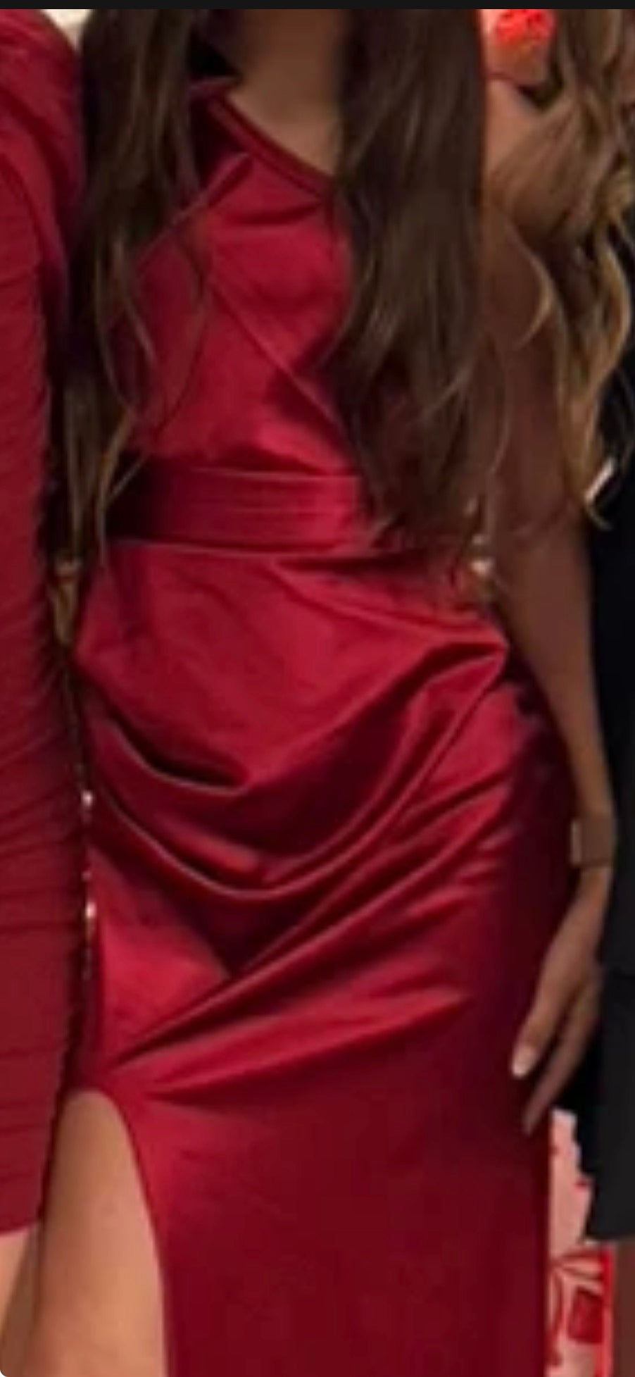 Tween “Glossy” Elegant Satin One-Shoulder Bow Decor High-Waist Long Slit Design