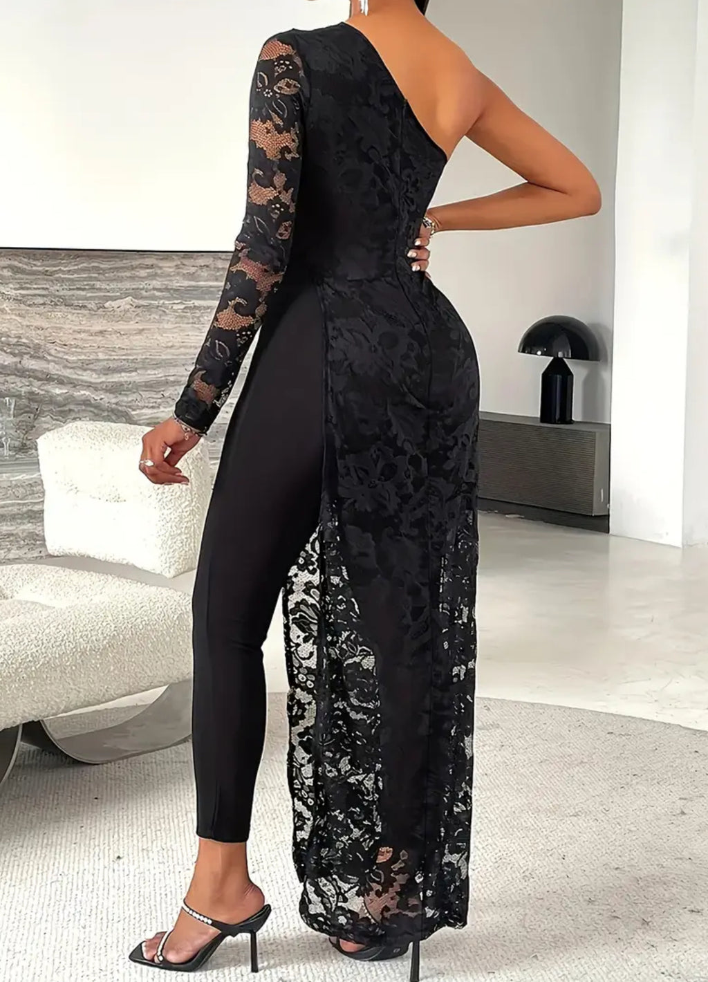 Black Solid Color Jumpsuit With Lace One Shoulder Off Detail