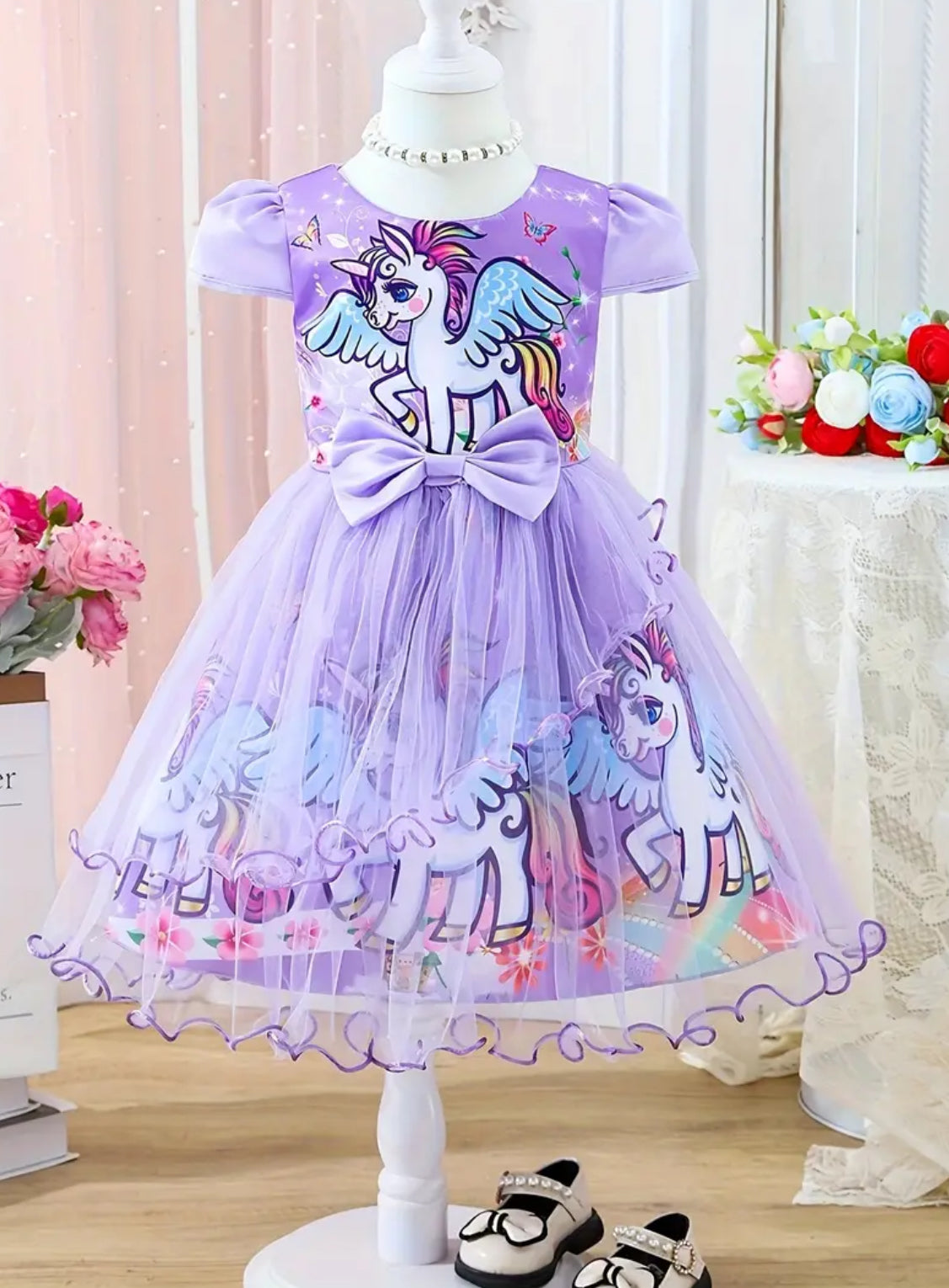 Girls Unicorm Dress Petal Sleeves, Mesh Detail, Knee-Length with Bow Accent 🦄