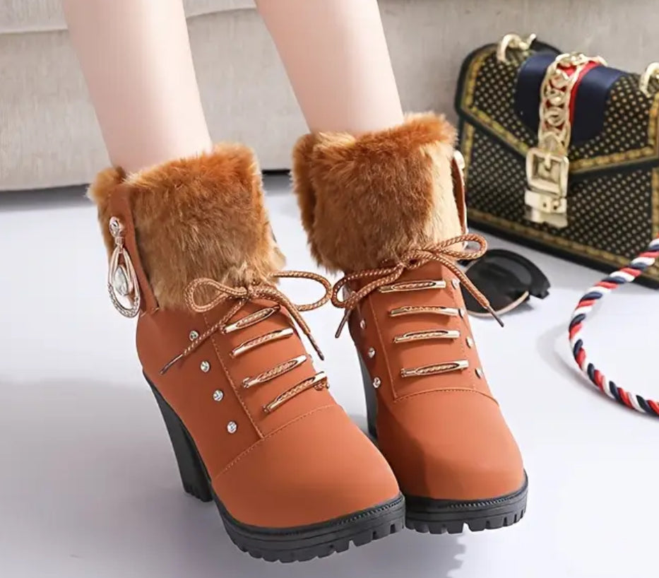 “Rhinestones” Chunky Heel Faux Fur Trim Mid-Calf Boots with Side Zipper by
