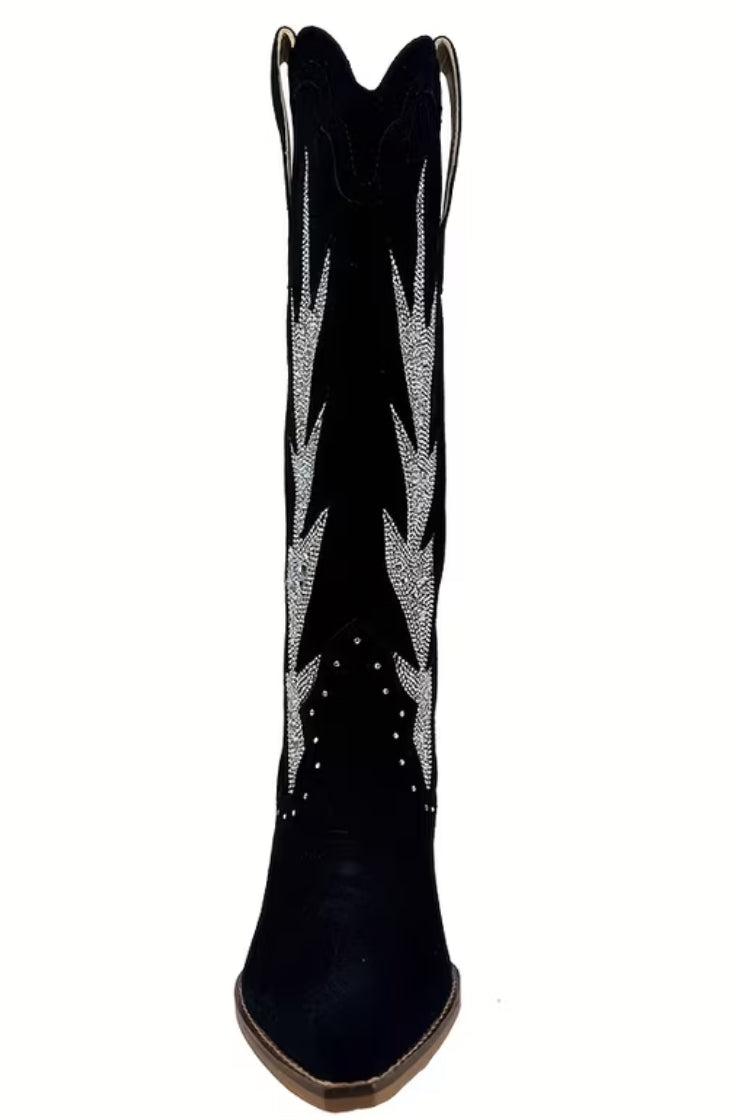 “Flames” Women's Western Cowboy Boots - Rhinestone Embellished Pointed Toe, Chunky Heel Pull-On Knee-High 