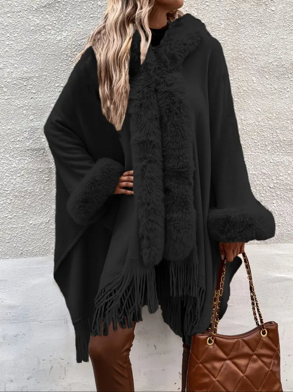 Chic Hooded Cape Coat - Long Sleeve V-Neck with Fringe Trim