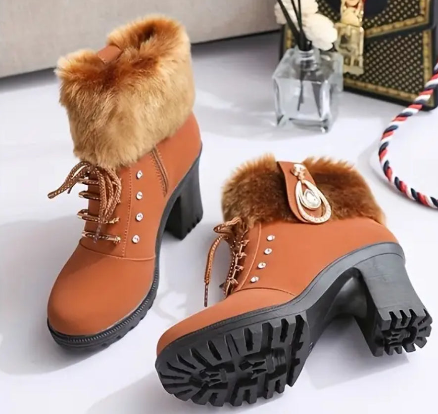 “Rhinestones” Chunky Heel Faux Fur Trim Mid-Calf Boots with Side Zipper by
