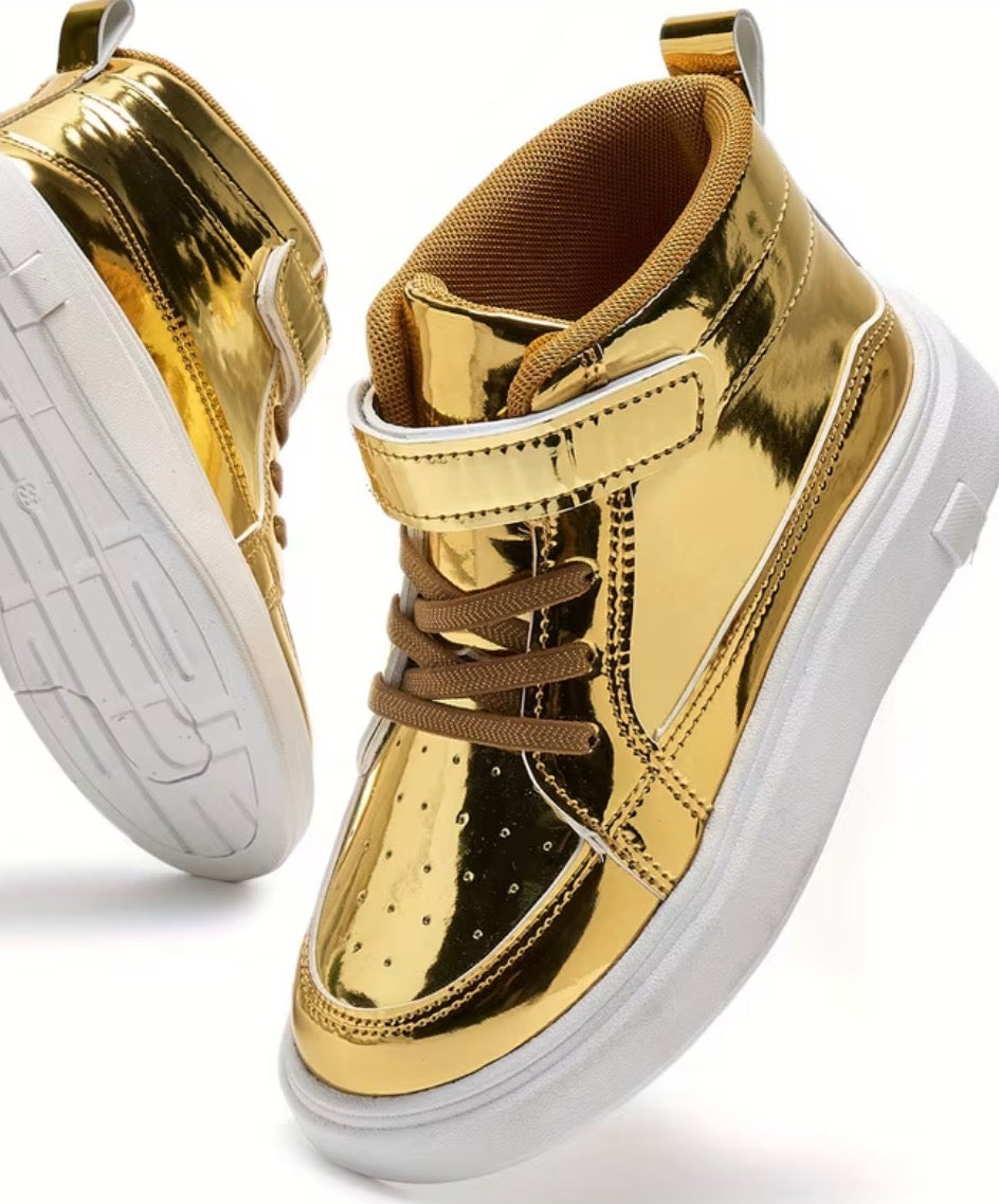 Kids' Gold Metallic High-Top Sneakers, Laces + Hook & Loop Velcro Strap