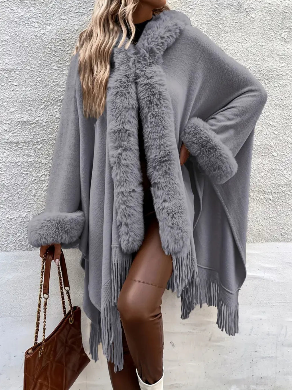 Chic Hooded Cape Coat - Long Sleeve V-Neck with Fringe Trim