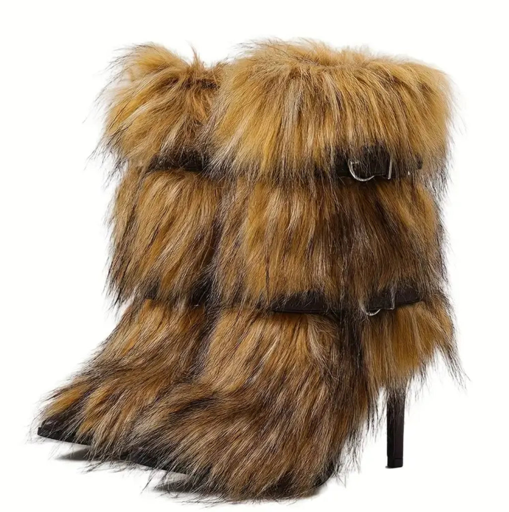 Faux Fur Winter Ankle Boots with High Heel Stiletto - Buckle Strap & Slip-Resistant Rubber Sole 