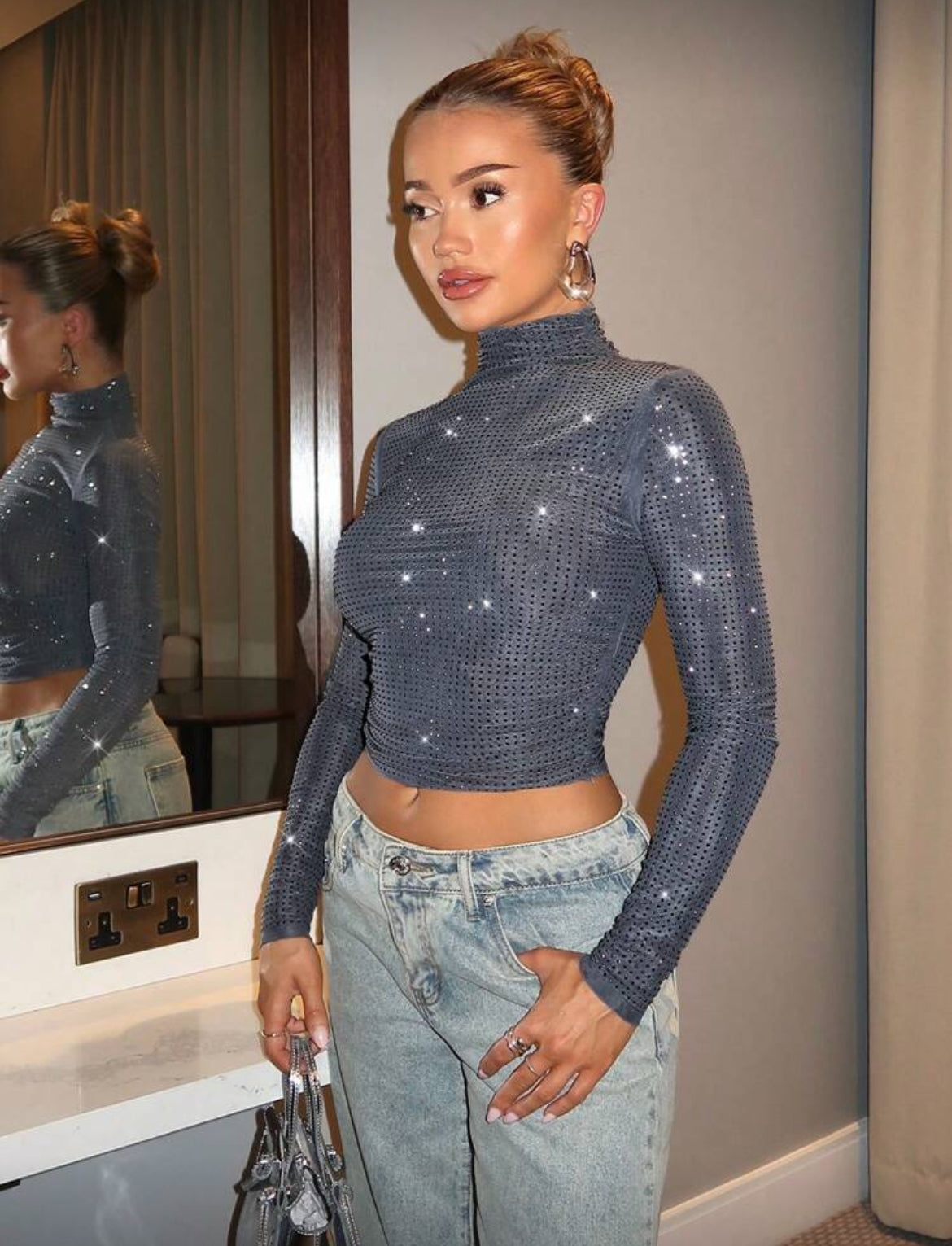 Gray Fashion Wear, Sparkling Rhinestone Decor- Fitted Sheer Mesh Crop Top