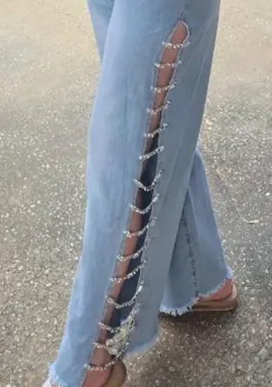 “Rhinestones & Chains” Side Slits, Loose High-Waisted Light Blue Distressed Wide-Leg Jeans