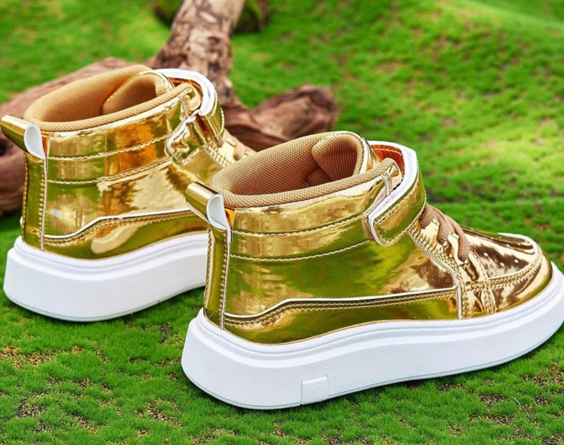 Kids' Gold Metallic High-Top Sneakers, Laces + Hook & Loop Velcro Strap