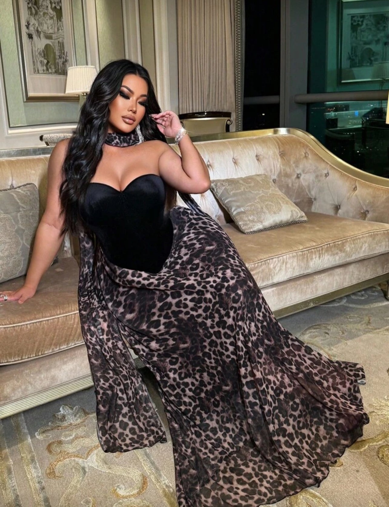 “Velvet Black Cheetah” Evening Dress Plus Size with Scarf
