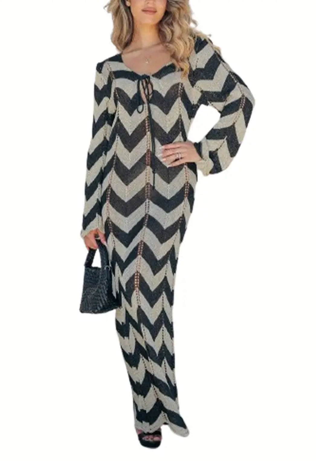 Boho Chic Chevron V-neck Long Dress |Long Dress Tie-Up Low Cut Bust Detail