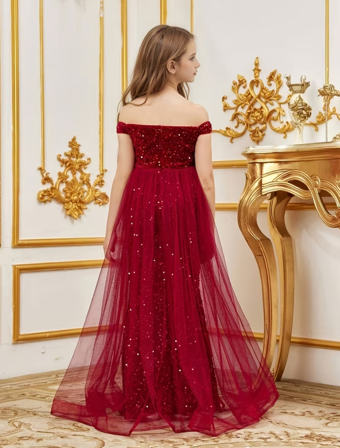 Girls' Luxury Off-Shoulder Tulle Layered Sequin Mermaid Dress
